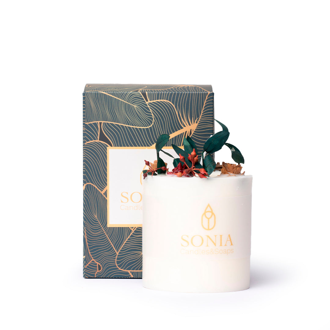 Confezione regalo candela profumata in cera di soia con fiori freschi essiccati