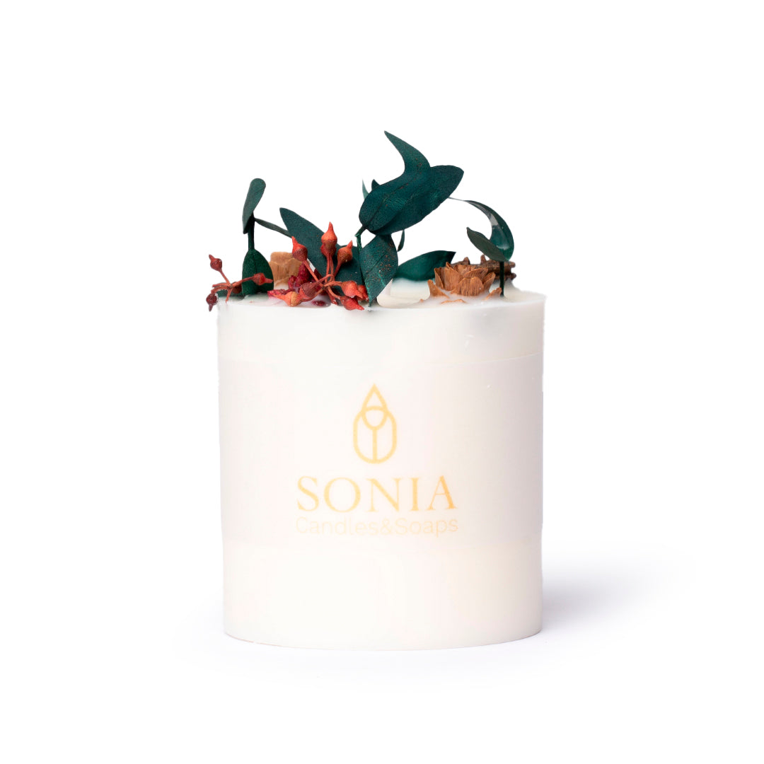 Confezione regalo candela profumata in cera di soia con fiori freschi essiccati